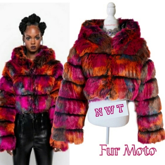 NWT Fur Moto Bright Neon Tie-Dye Moto Zip Up Hooded Fur Puffer